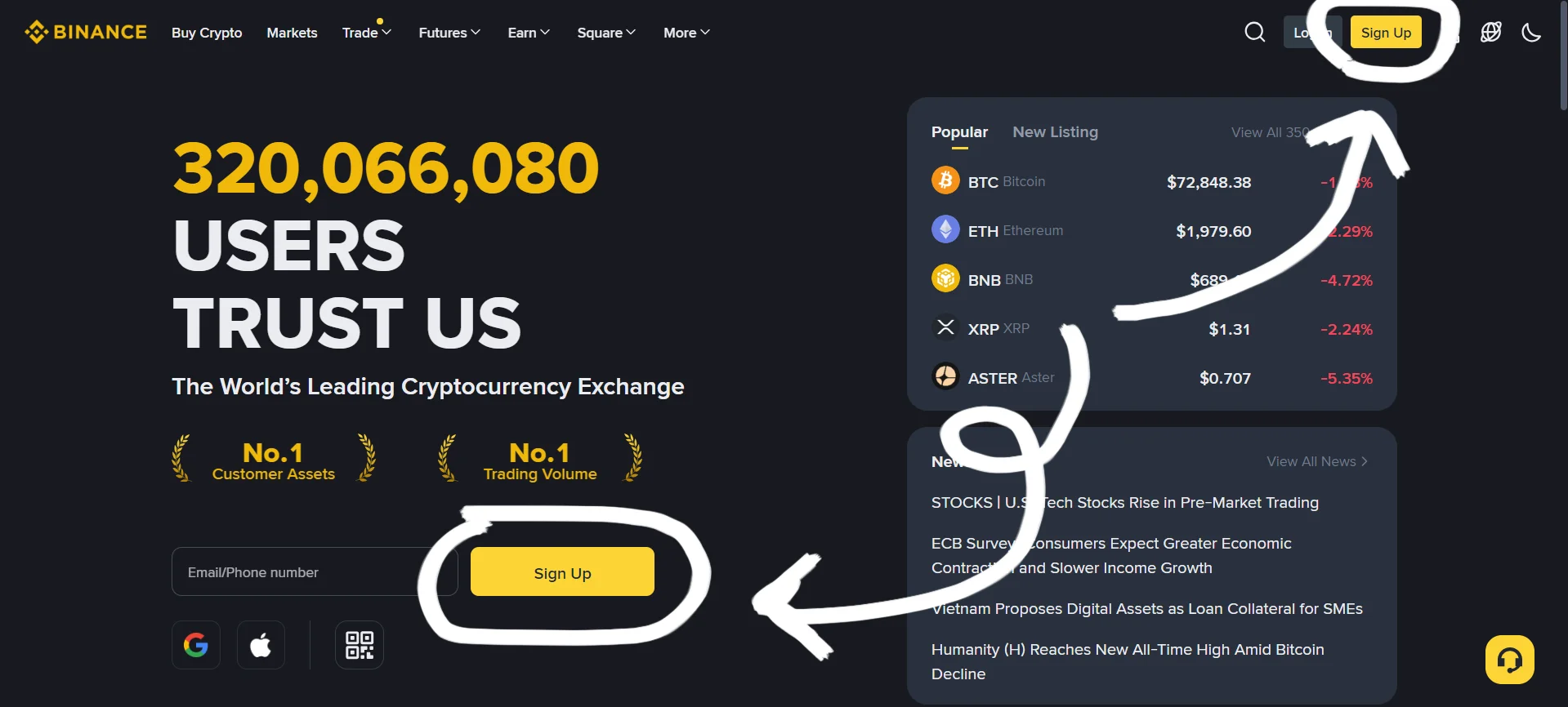 Binance registration home page